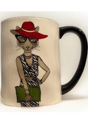 Stylish Cat Graphic Coffee Mug - Red Hat, Black Handle